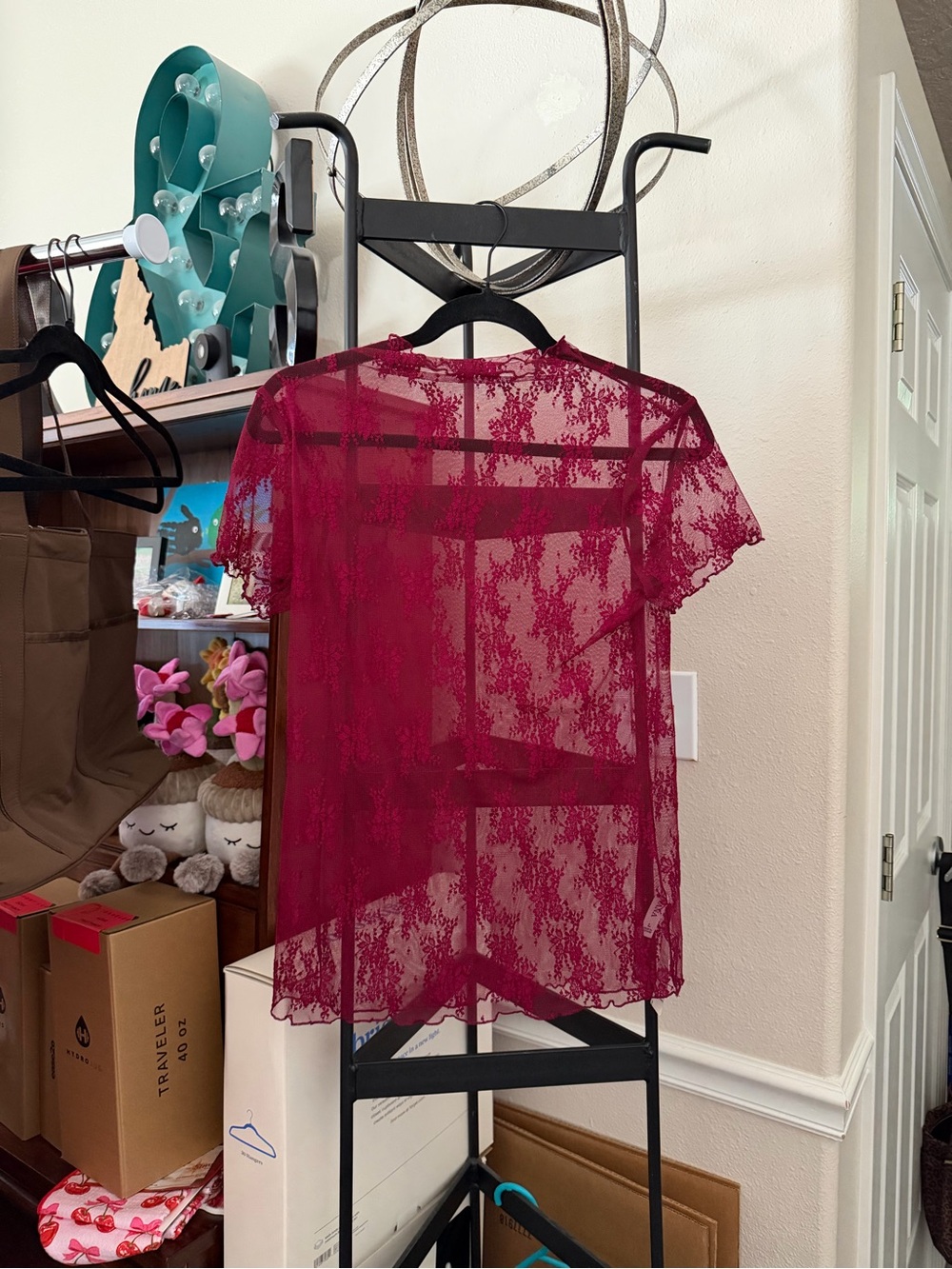 Sheer Lace Short-Sleeve Top - Burgundy